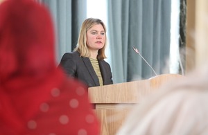 Justine Greening making the keynote speech at the Somali women's event. Picture: Patrick Tsui/FCO