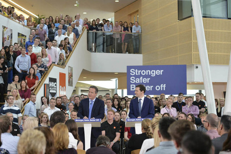 Prime Minister David Cameron and Chancellor of the Exchequer George Osborne at B&Q headquarters talking to staff about the EU referendum.