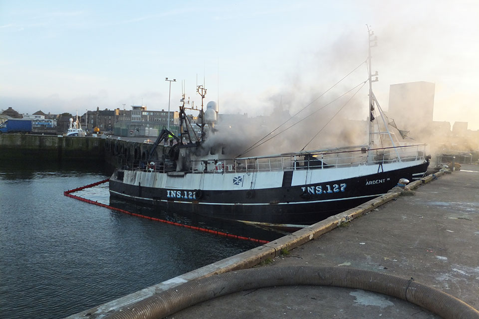 Photograph of fishing vessel Ardent II on fire