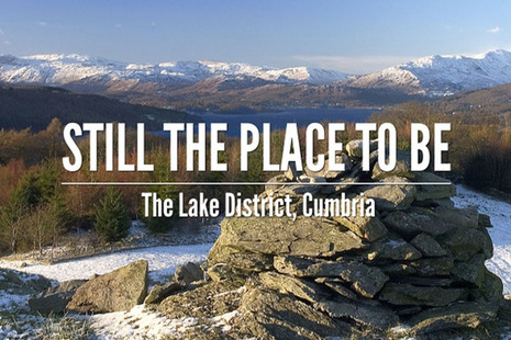 Lake district image with caption "Cumbria - still the place to be"