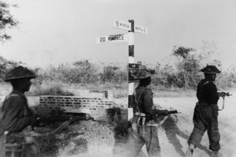 Indian infantrymen of IV Corps advancing towards the vital road and rail junction of Meiktila, south of Mandalay in the Irrawaddy Valley (Copyright NAM)