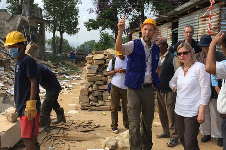 Justine Greening sees earthquake damage in Nepal. Picture: Zoe Paxton/DFID
