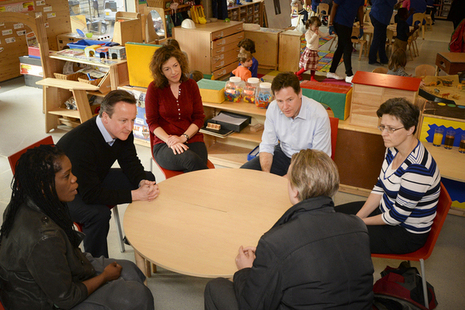 Prime Minister David Cameron and Deputy Prime Minister Nick Clegg visit a nursery. 