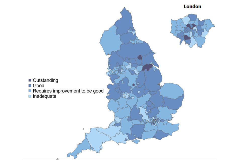 Map showing overall effectiveness judgements for each LA at LSCB review
