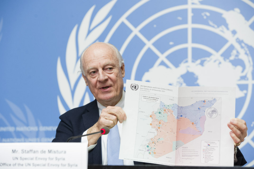 Staffan de Mistura, United Nations Special Envoy for Syria, briefs the press on the last day of the 8th round of the intra-Syrian talks in Geneva on 14 December, 2017. (UN Photo/Violaine Martin)