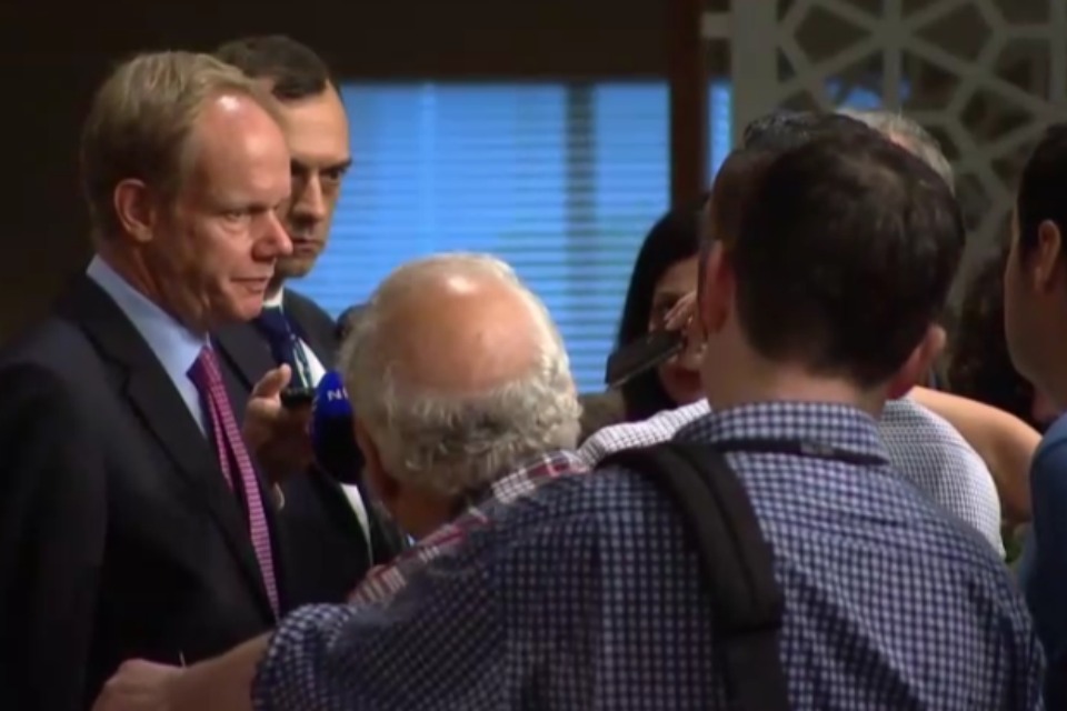 Matthew Rycroft speaks to journalists outside the UN Security Council