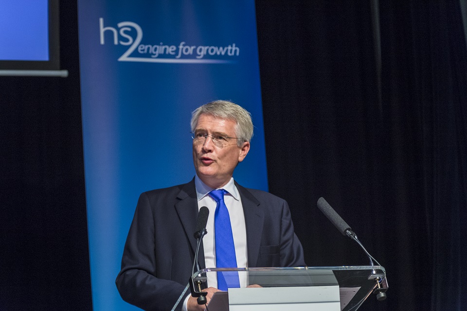 HS2 Minister Andrew Jones delivers a speech.