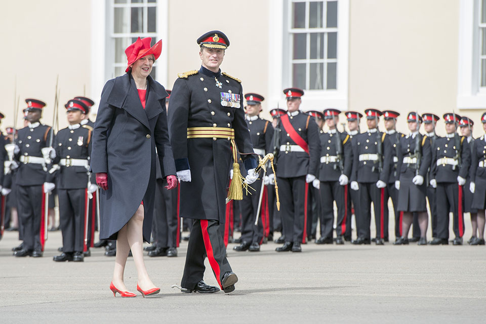Prime Minister Theresa May inspecting the new officer cadets at the Sovereign's Parade at Sandhurst.
