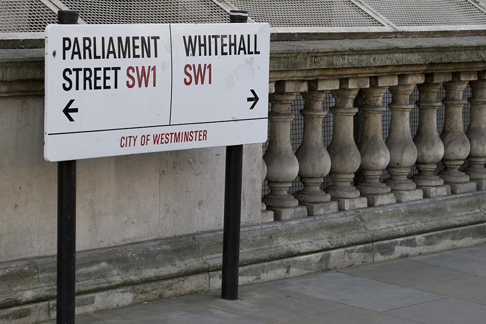 Parliament and Whitehall road sign.