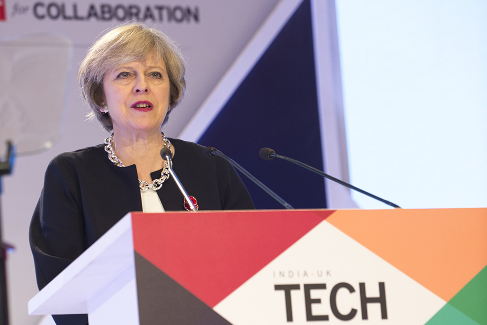 Prime Minister Theresa May speaking at the India-UK Tech Summit