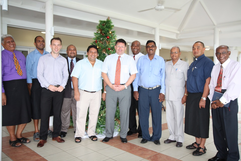 His Excellency Roderick Drummond (6th from left) with Bert Tolhurst, Political Officer at the British High Commission (3rd from left) and representatives from various religious groups in Fiji.