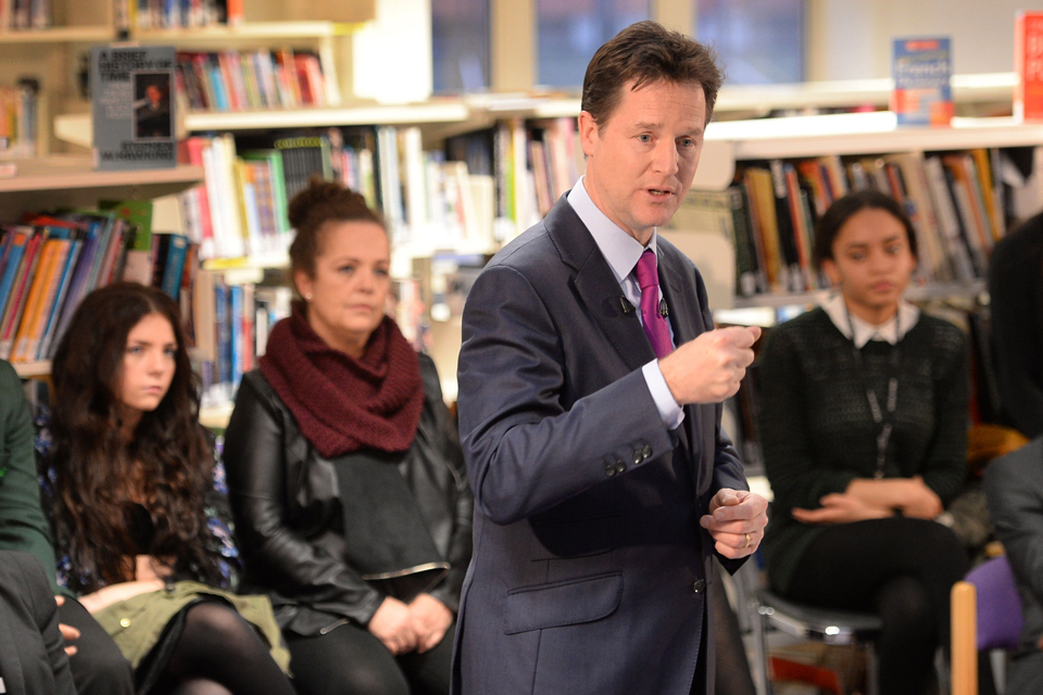 Deputy Prime Minister Nick Clegg with students at Bishop Challoner Catholic Collegiate School. Photo credit: Stefan Rousseau/PA Wire