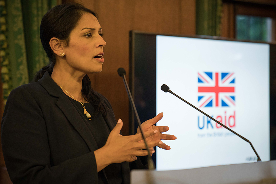 Priti Patel speaking at Church House, Westminster. Picture: Sam Jones/WaterAid