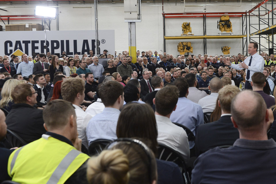 Prime Minister David Cameron speaking to staff at the Caterpillar factory in Peterborough.