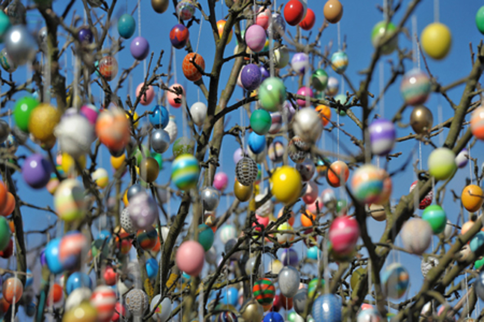 Painted Easter eggs hanging from a tree
