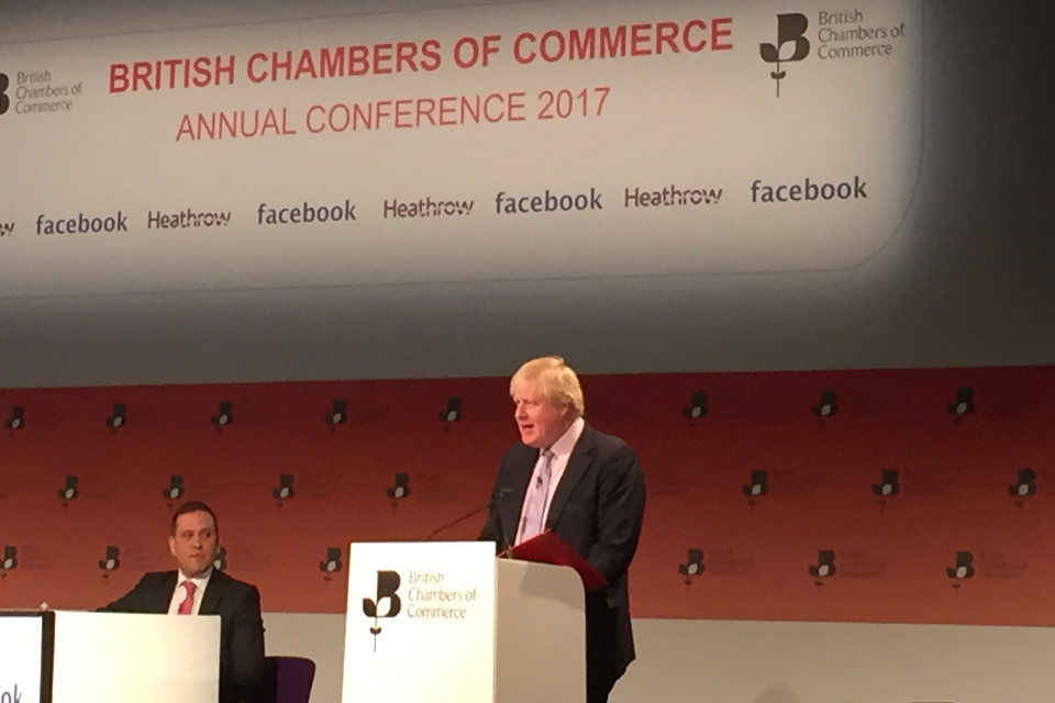 UK Foreign Secretary Boris Johnson, British Chambers of Commerce