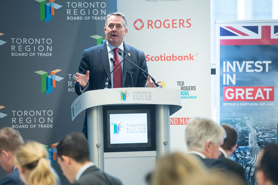 Dr. Liam Fox speaks to Toronto Region Board of Trade (Photo: Jag Gundu)
