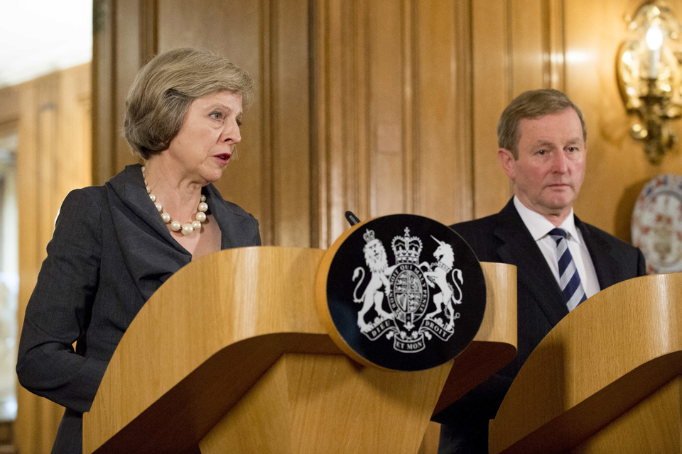 Prime Minister Theresa May speaking alongside the Irish Taoiseach Enda Kenny.