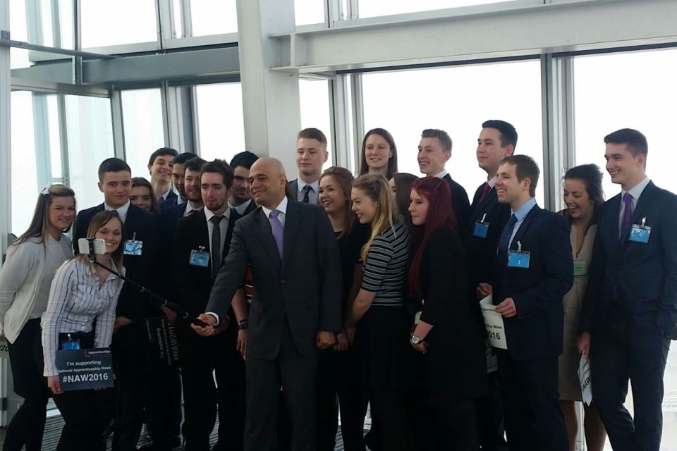 Secretary of State for BIS takes selfie with apprentices at an event at The Shard to mark the launch of National Apprenticeship Week.