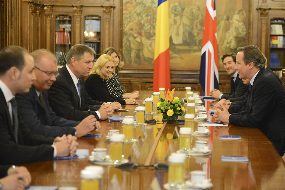 Prime Minister David Cameron meeting with President Iohannis of Romania.
