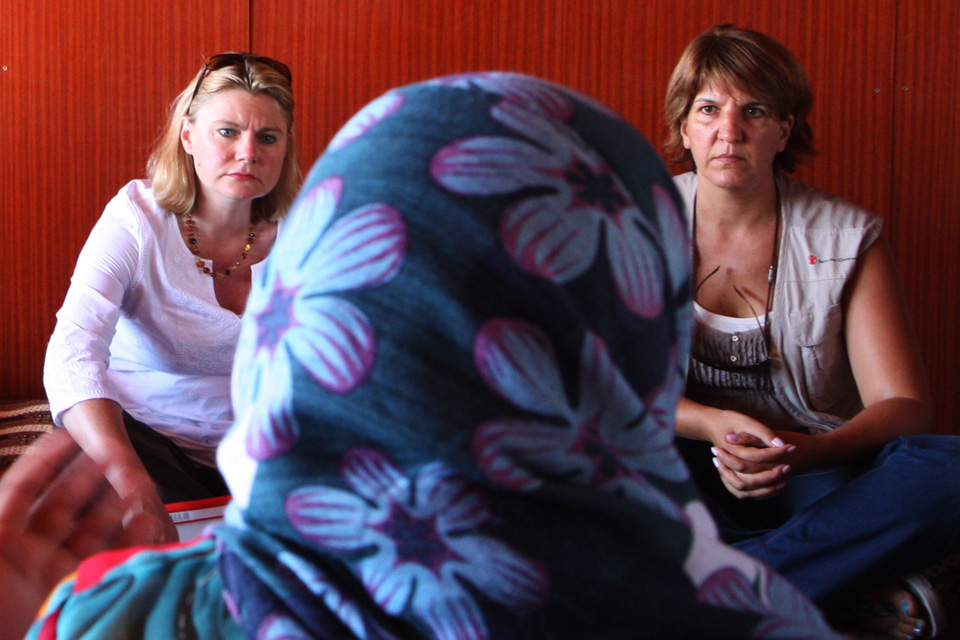 Justine Greening speaking to women refugees from Syria in Lebanon's Bekaa Valley. Picture: British Embassy Amman