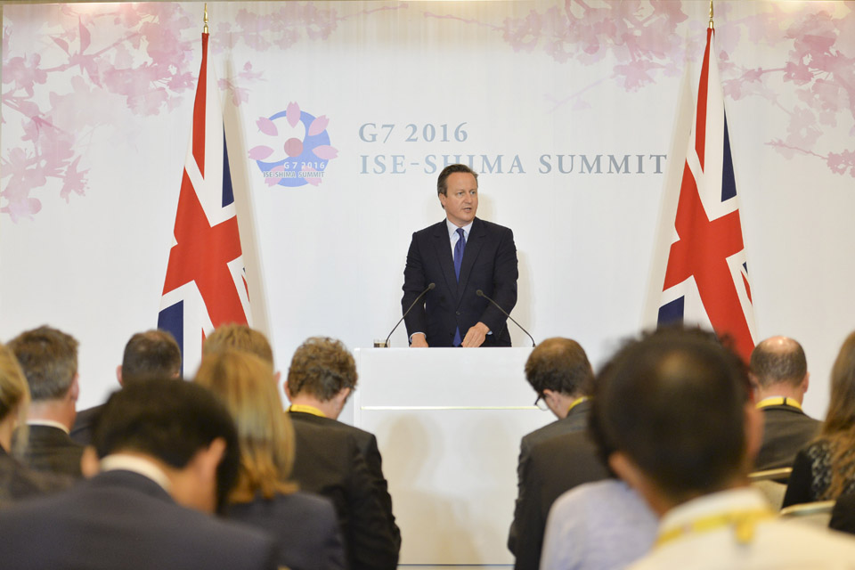 Prime Minister David Cameron giving a statement to the press at the end of the G7 Summit in Japan.