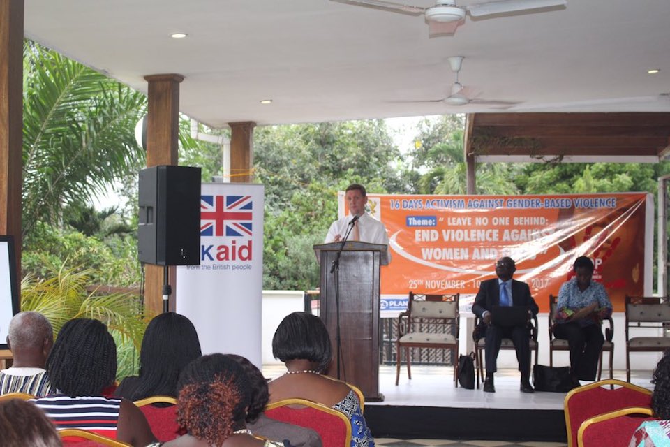 H.E. Iain Walker speaking at the Business Cost of Violence Against Women & Girls in Ghana forum.
