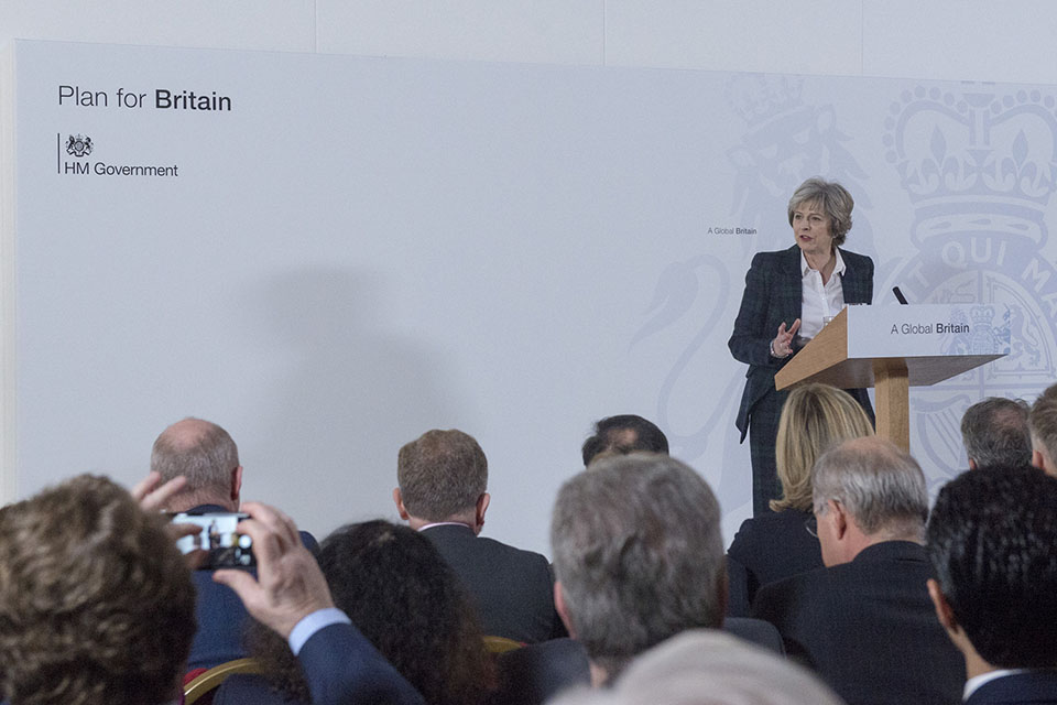Prime Minister Theresa May speaking about the government's 12 principles for Brexit negotiations