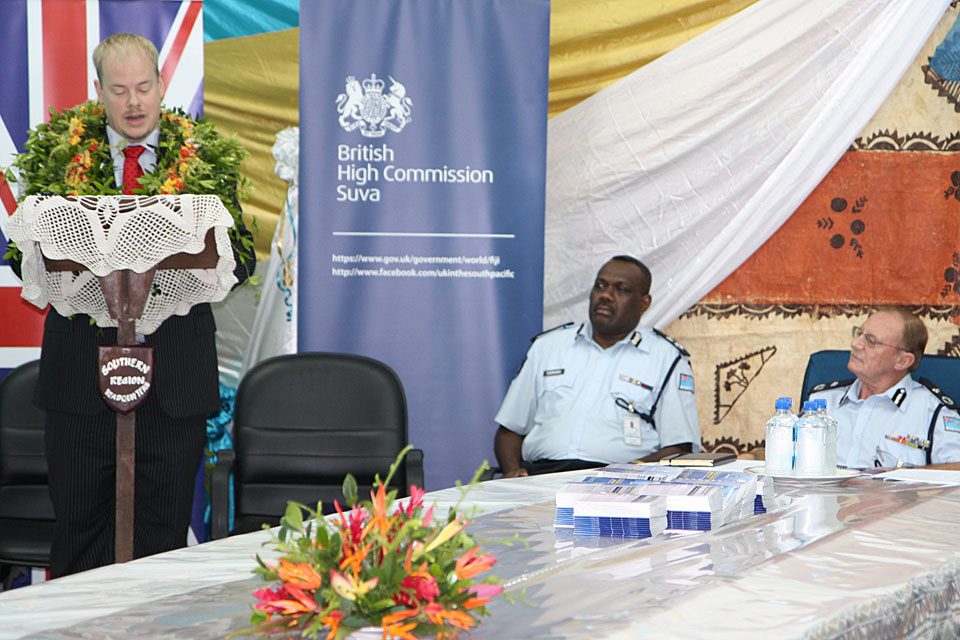 Acting High Commissioner Daniel Salter at the launch of the election security manual for the Fiji Police Force