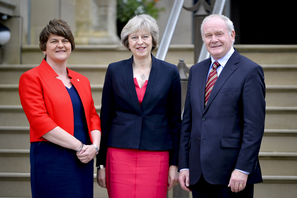 Prime Minister Theresa May with Northern Ireland First Minister Arlene Foster and deputy First Minister Martin McGuinness