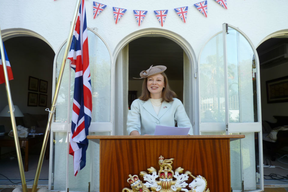 HE Mrs Marianne Young speaking at the Queen's Birthday Party celebrations