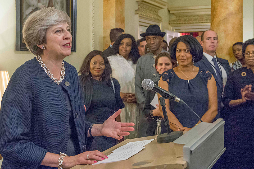 Prime Minister Theresa May speaking at a reception marking 30 years of Black History Month