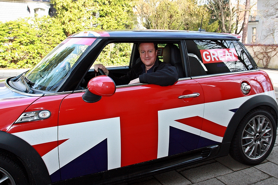 David Cameron test driving the GREAT Britain MINI