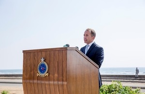 The British High Commissioner, Thomas Drew speaking at the airshow by Red Arrows on sea view Karachi.