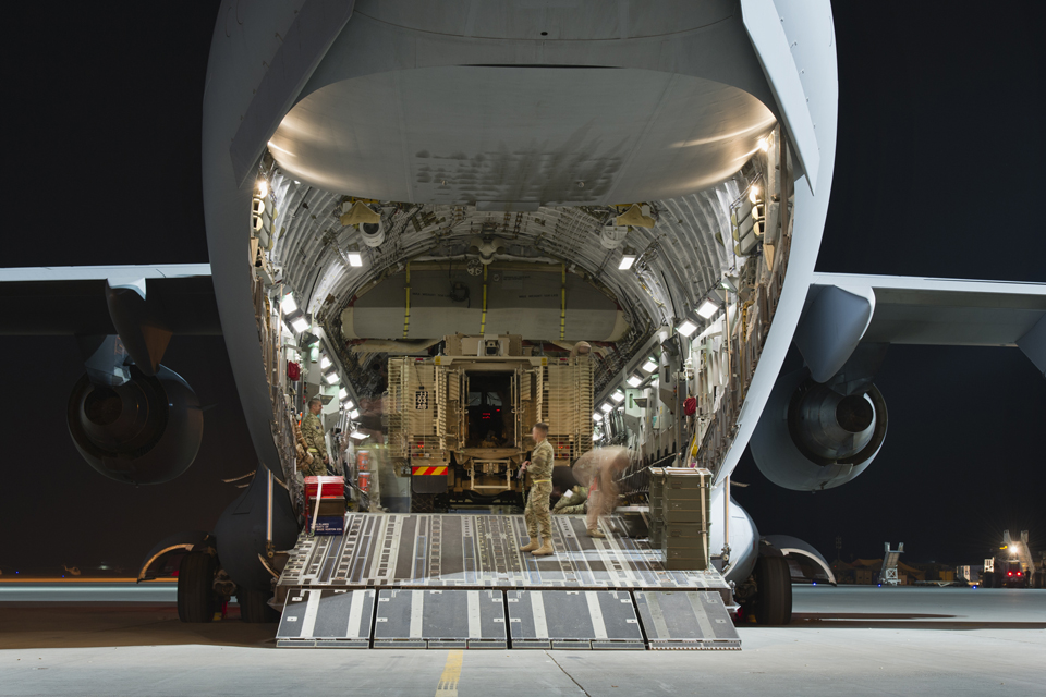 A Mastiff armoured vehicle inside a C-17 aircraft