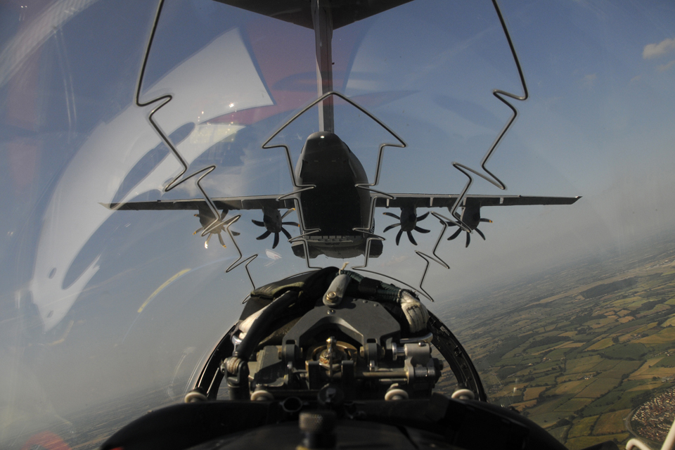 Airbus A400M Atlas in flight, taken from the backseat of a Red Arrows Hawk jet