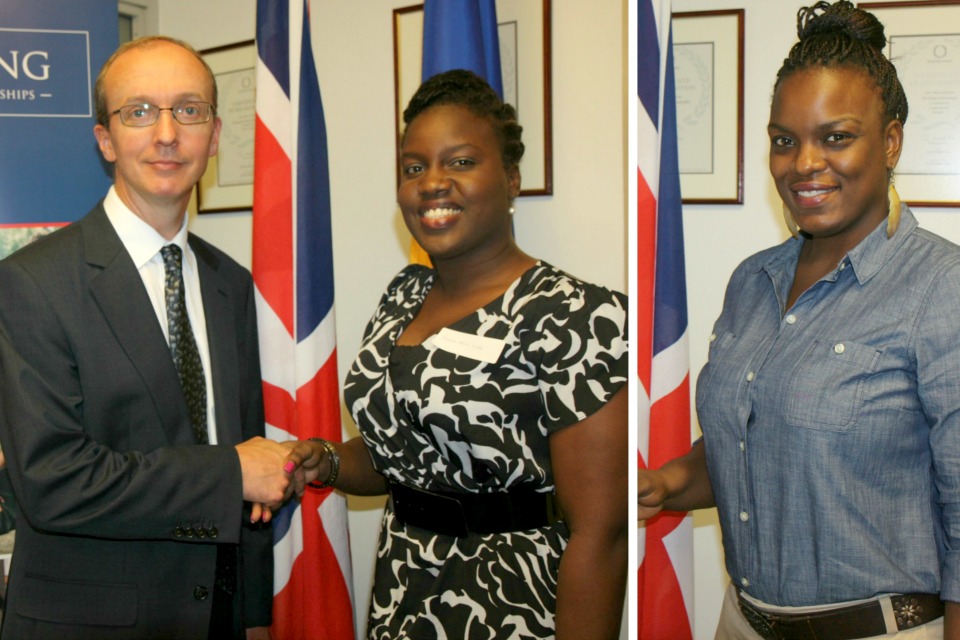 Deputy High Commissioner Colin Dick congratuating Shena-Ann Ince and Jihan Williams