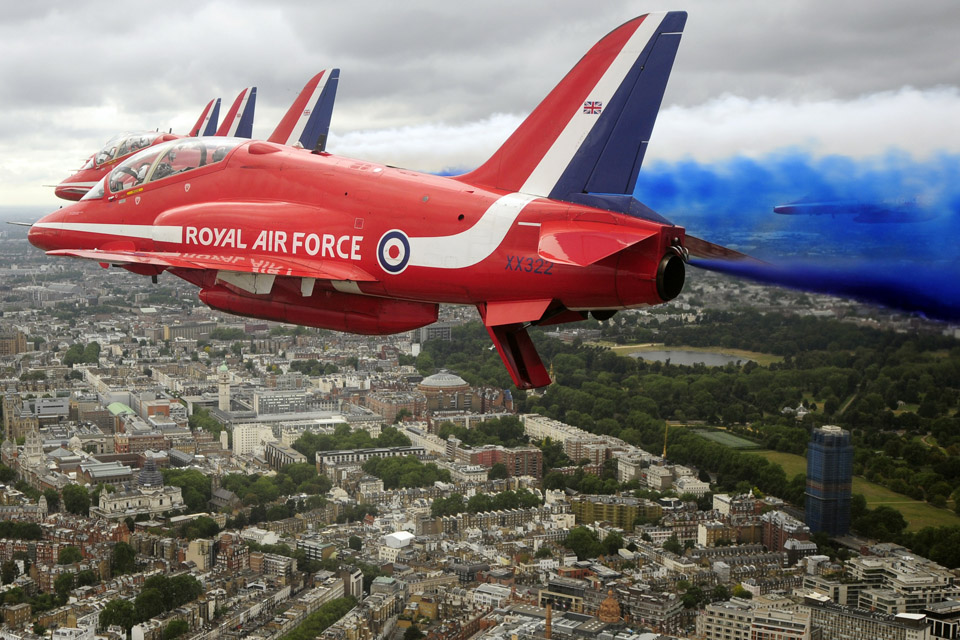 The Red Arrows perform a flypast