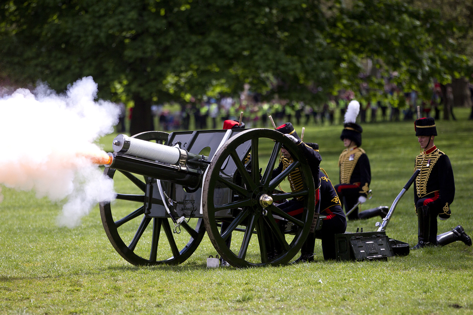 Members of the King's Troop Royal Horse Artillery firing a gun 