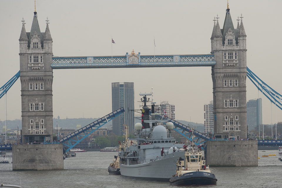 HMS Edinburgh passes under Tower Bridge