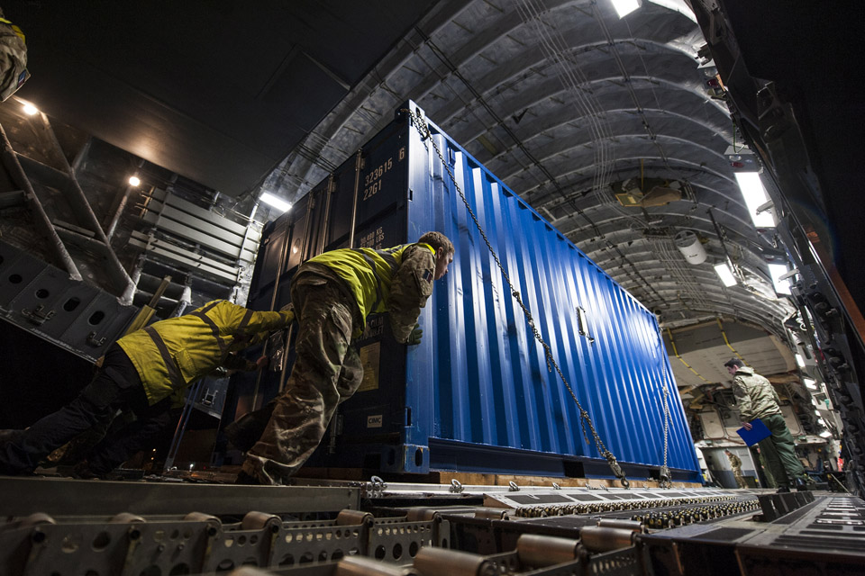 Equipment being loaded onto the RAF C-17 aircraft