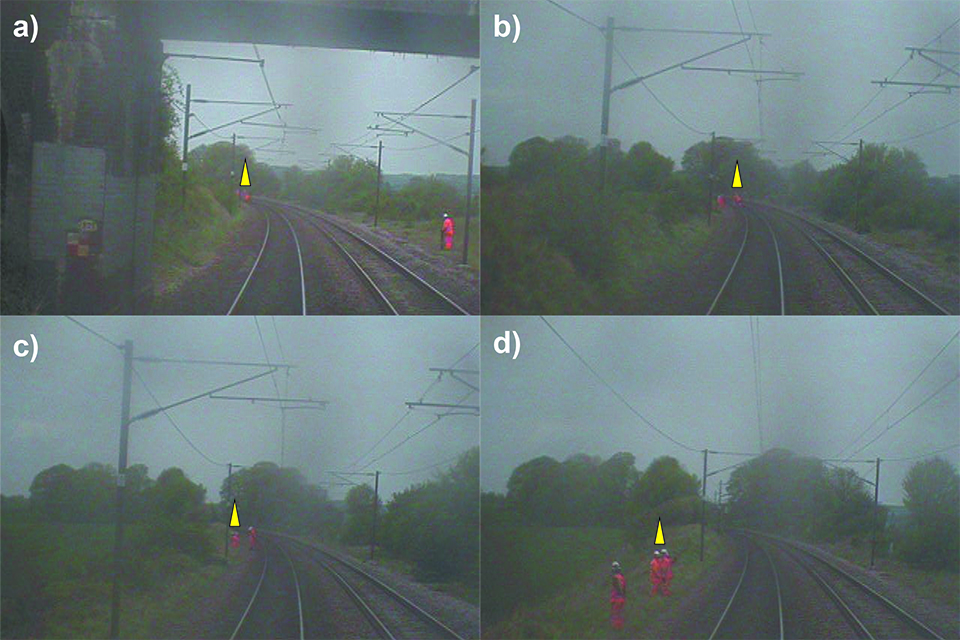 Four images showing a. the distant lookout in the Up cessc and work group on the Down line, b. Workers in the four-foot, c. Workers moving to the cess, d) Track workers in a place of safety (CCTV images courtesy of Greater Anglia.)