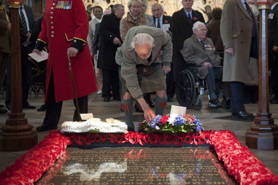 Major Peter Watson MC, a former Black Watch officer, pays his respects at the Grave of the Unknown Warrior