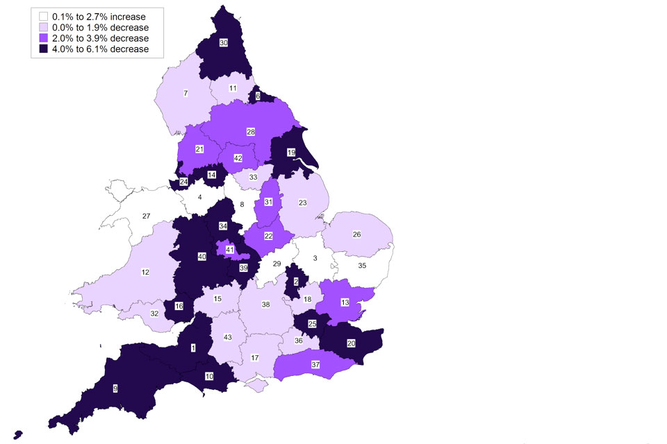 A map showing police officers percentage change between March 2012 and March 2013.