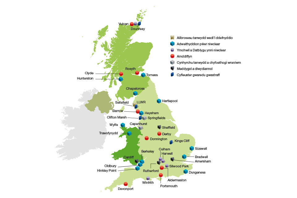 A map of nuclear sites across the UK. Welsh captions.