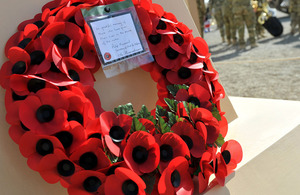 A wreath of poppies laid during the Armistice Day service at Camp Bastion in Afghanistan
