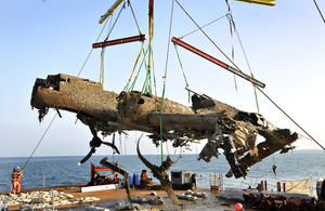 The Dornier Do 17 aircraft is raised from Goodwin Sands in the English Channel [Picture: Iain Duncan, Trustees of the RAF Museum]