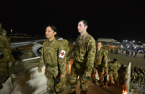 Medics from 35 Squadron, 5 Medical Regiment board a plane at RAF Brize Norton this morning [Picture: Corporal Richard Cave RLC, Crown copyright]