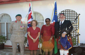 Colonel John McCardle, the UK Defence Advisor accredited to Namibia, HE Jo Lomas, UK High Commissioner, Hon Maureen Hinda, Deputy Minister MIRCO, Andrew Imrie, Cape Field Artillery Pipes and Drums