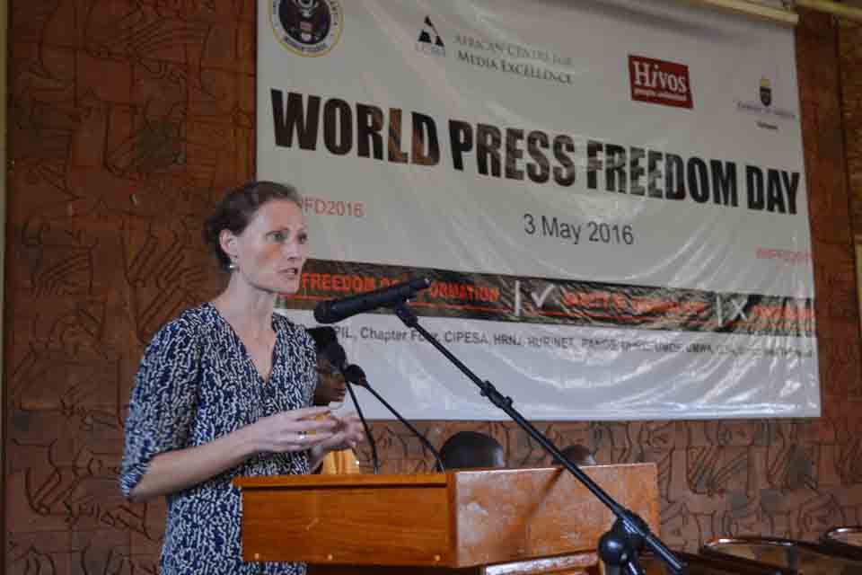 Deputy High Commissioner Mary Shockledge speaks at an event to mark World Press Freedom Day